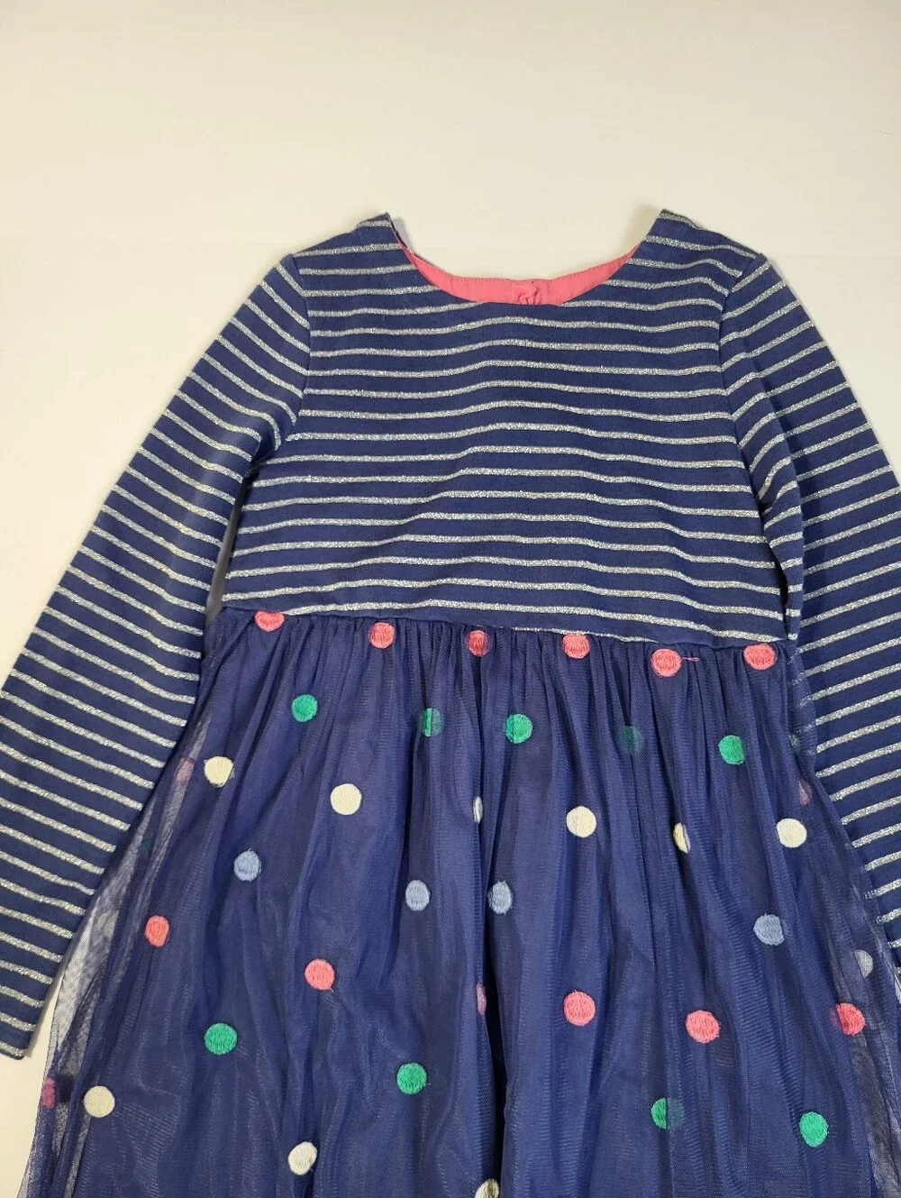 Mini Boden Jersey Tulle Long Sleeve Dress Polka Dots Navy Blue Stripes sz 9-10